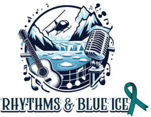 Rhythms & Blue Ice Concert Logo with Teal Ribbon accent for ovarian cancer awareness.