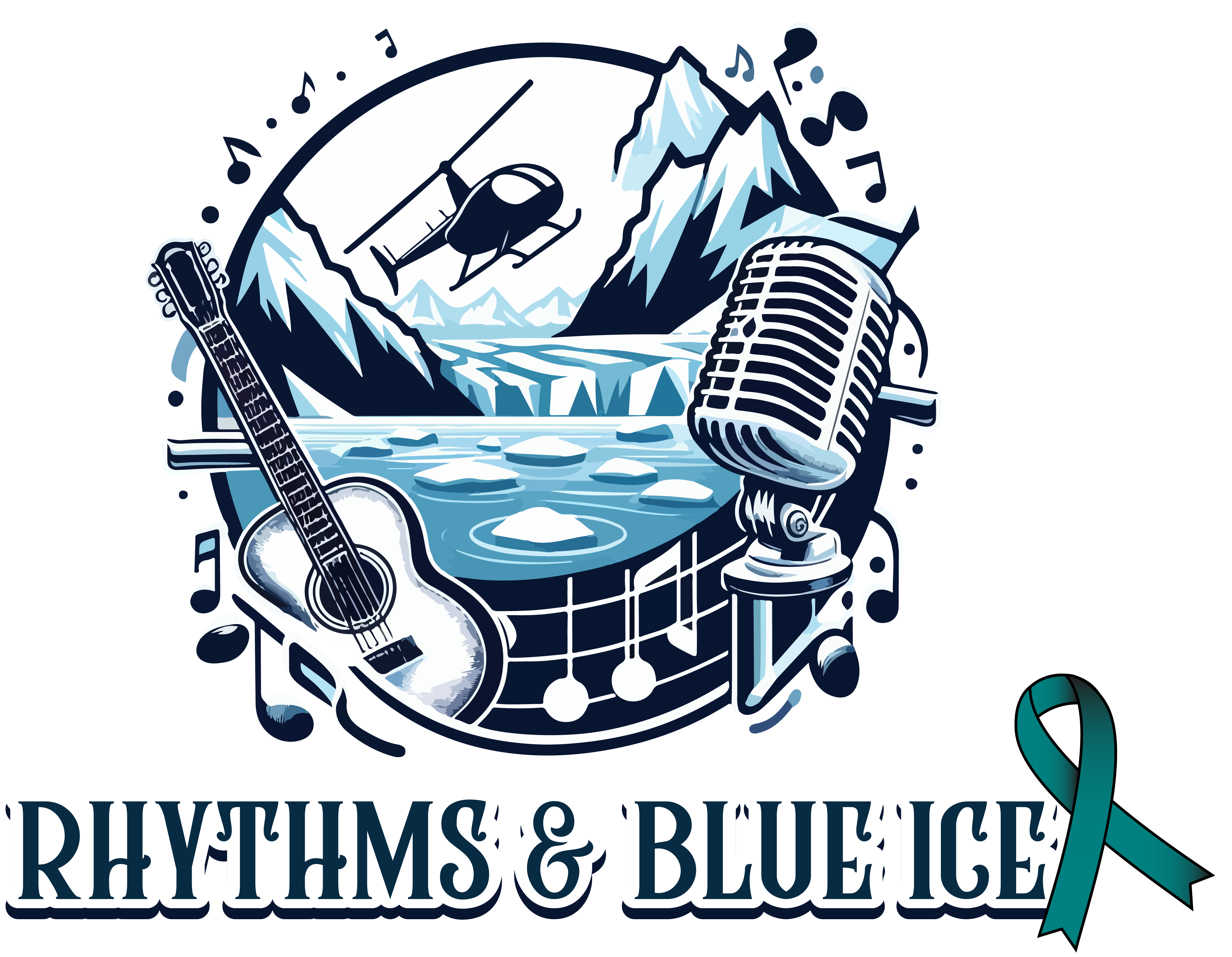 Rhythms & Blue Ice Concert Logo with Teal Ribbon accent for ovarian cancer awareness.